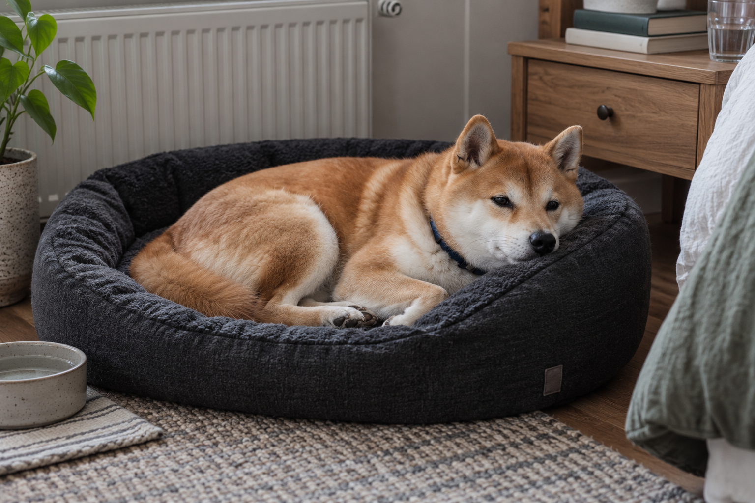 Prechladnutý shiba inu pokojne odpočíva v pelechu
